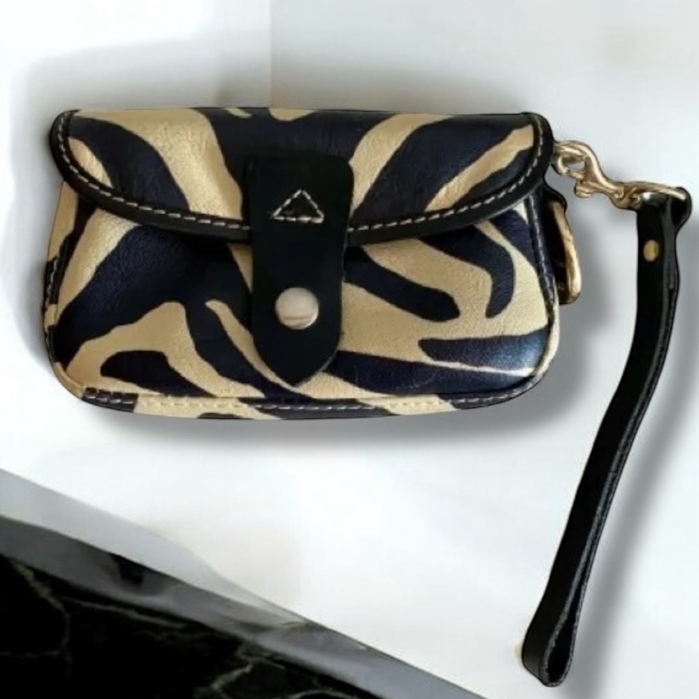 Dooney and Bourke Leather Clutch Snap Wristlet Zebra Print Blue Duck Vintage